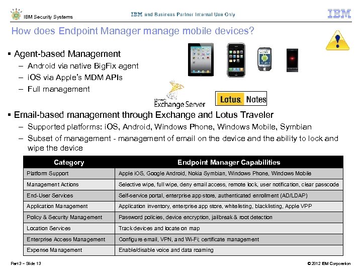IBM Security Systems How does Endpoint Manager manage mobile devices? § Agent-based Management -