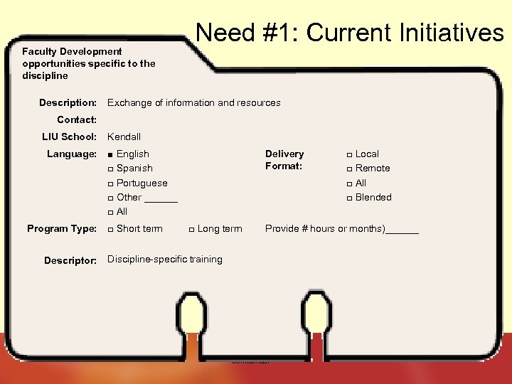 Faculty Development opportunities specific to the discipline Description: Need #1: Current Initiatives Exchange of