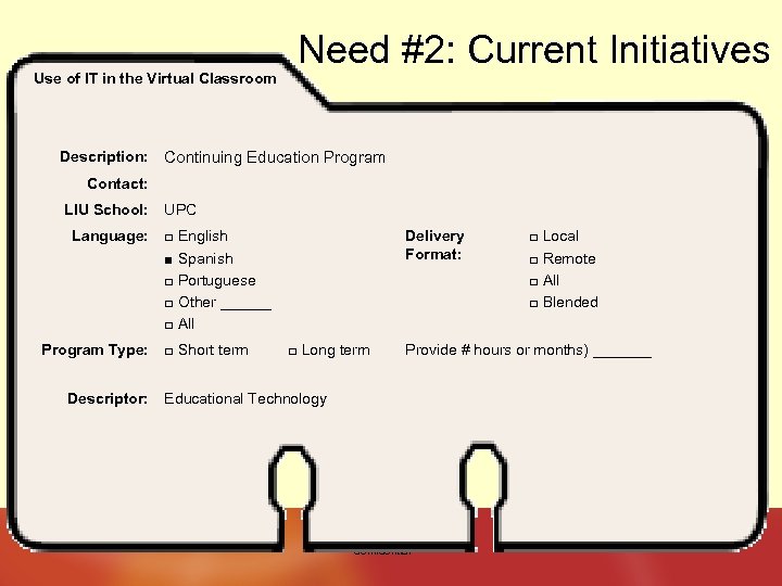 Use of IT in the Virtual Classroom Description: Need #2: Current Initiatives Continuing Education