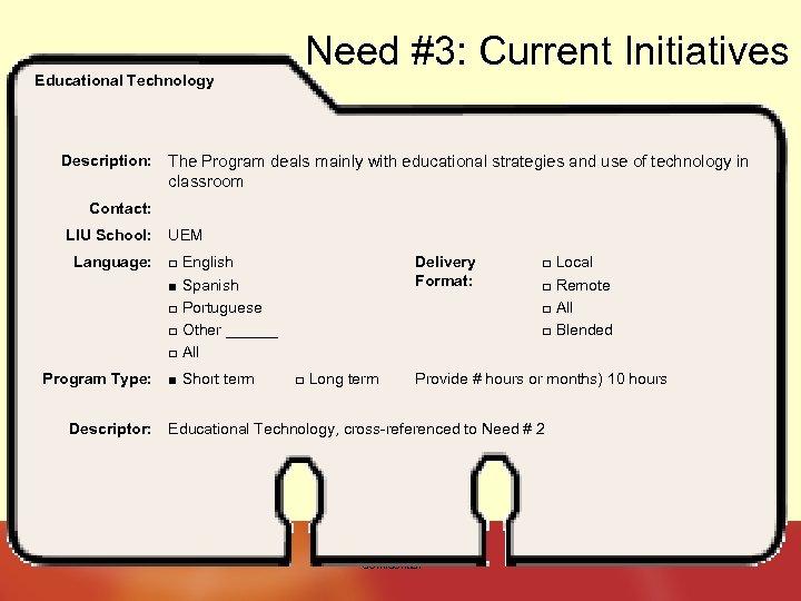 Educational Technology Description: Need #3: Current Initiatives The Program deals mainly with educational strategies