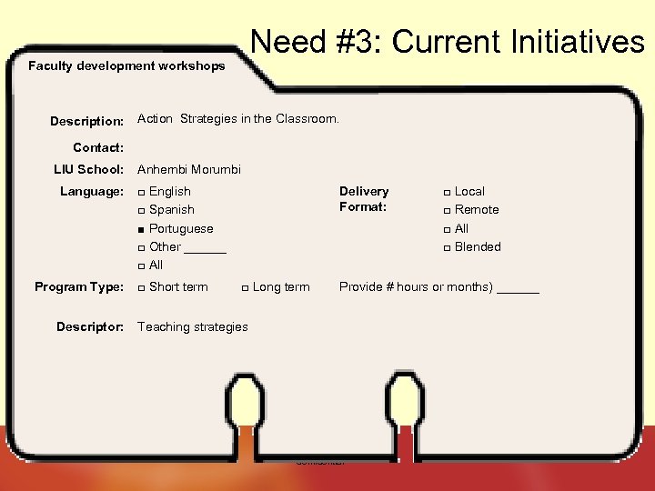 Need #3: Current Initiatives Faculty development workshops Description: Action Strategies in the Classroom. Contact: