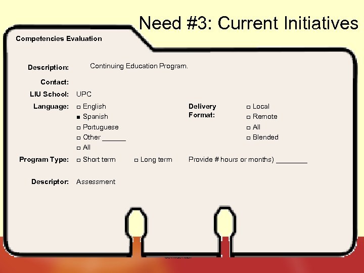 Need #3: Current Initiatives Competencies Evaluation Description: Continuing Education Program. Contact: LIU School: Language: