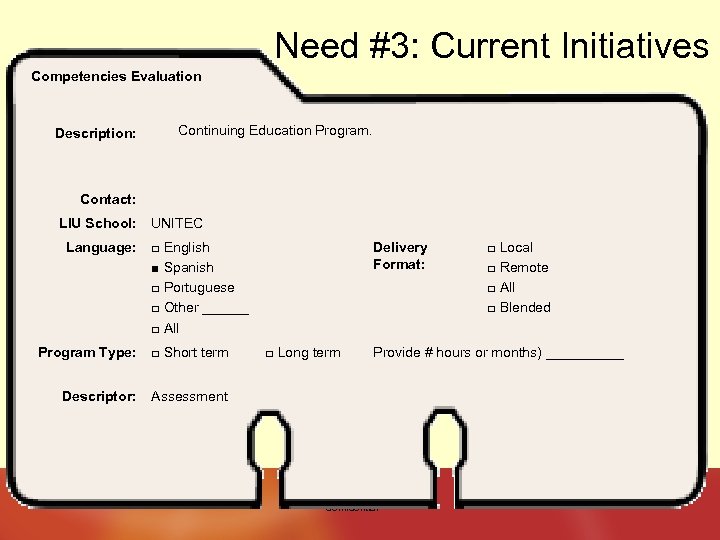 Need #3: Current Initiatives Competencies Evaluation Description: Continuing Education Program. Contact: LIU School: Language:
