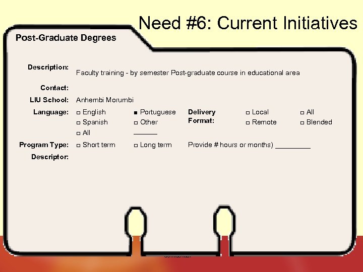 Post-Graduate Degrees Description: Need #6: Current Initiatives Faculty training - by semester Post-graduate course