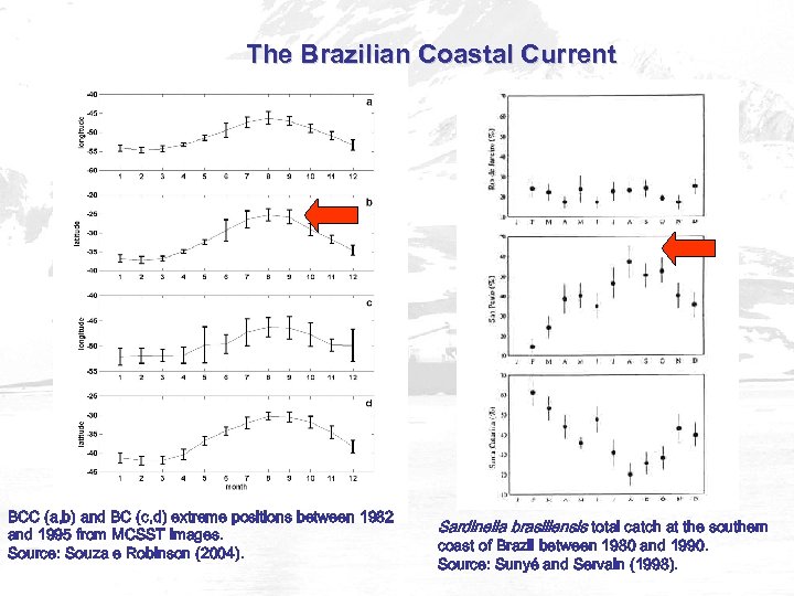 The Brazilian Coastal Current BCC (a, b) and BC (c, d) extreme positions between