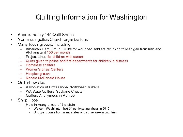 Quilting Information for Washington • • • Approximately 140 Quilt Shops Numerous guilds/Church organizations