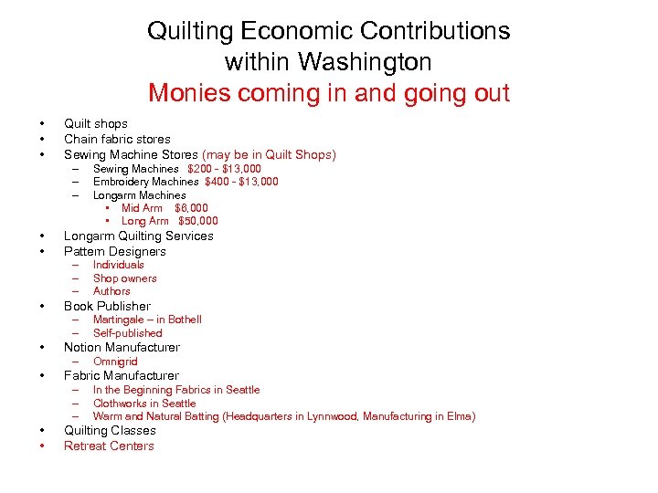 Quilting Economic Contributions within Washington Monies coming in and going out • • •