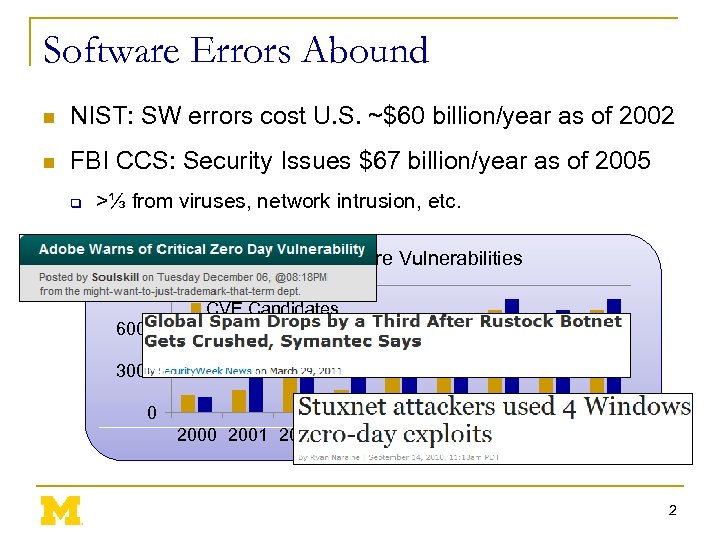 Software Errors Abound n NIST: SW errors cost U. S. ~$60 billion/year as of