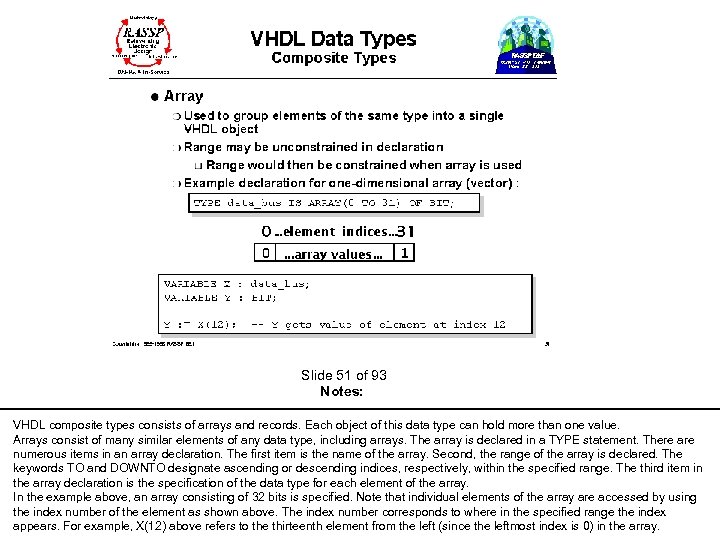 Slide 51 of 93 Notes: VHDL composite types consists of arrays and records. Each