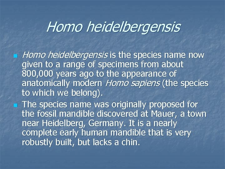 Homo heidelbergensis n n Homo heidelbergensis is the species name now given to a