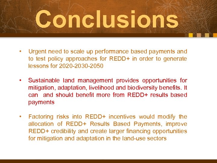 Conclusions • Urgent need to scale up performance based payments and to test policy