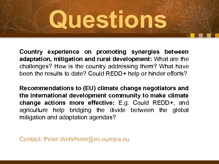 Questions Country experience on promoting synergies between adaptation, mitigation and rural development: What are