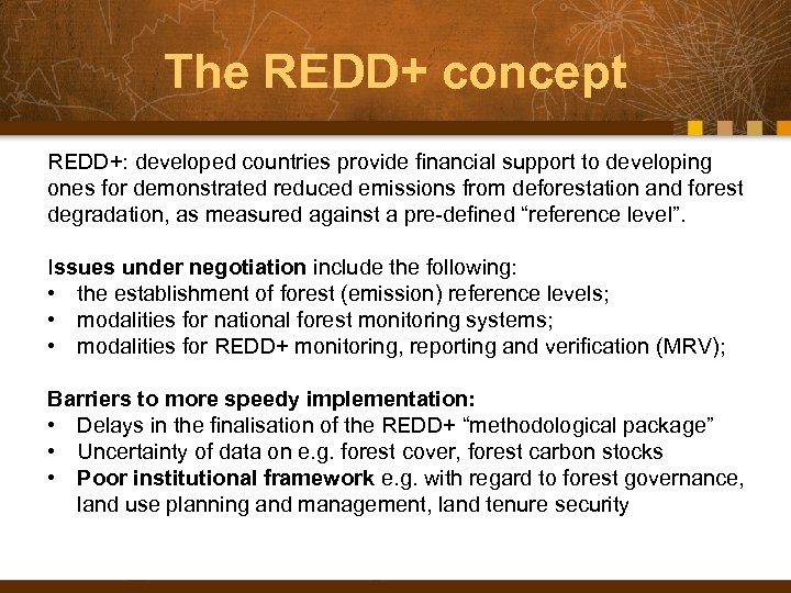 The REDD+ concept REDD+: developed countries provide financial support to developing ones for demonstrated