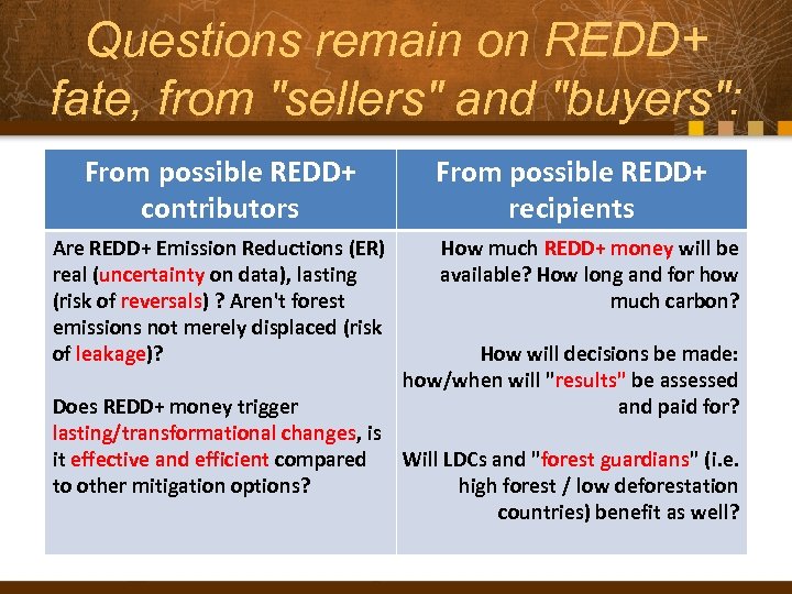 Questions remain on REDD+ fate, from "sellers" and "buyers": From possible REDD+ contributors Are