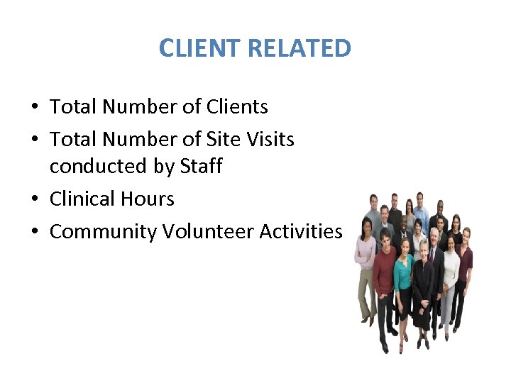 CLIENT RELATED • Total Number of Clients • Total Number of Site Visits conducted