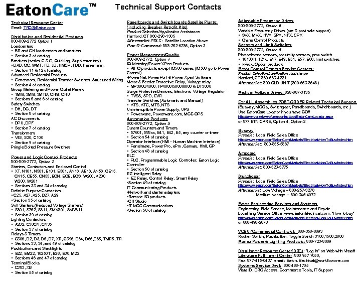 Technical Support Contacts Technical Resource Center Email: TRC@Eaton. com Distribution and Residential Products 800