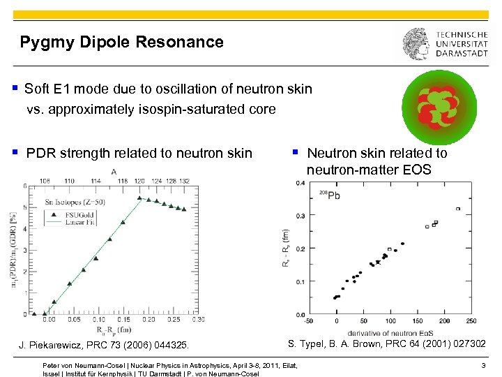 Pygmy Dipole Resonance § Soft E 1 mode due to oscillation of neutron skin