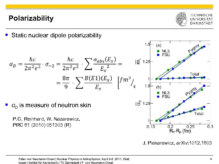 Polarizability § Static nuclear dipole polarizability § αD is measure of neutron skin P.