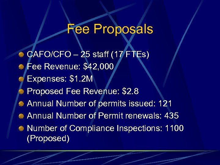 Fee Proposals CAFO/CFO – 25 staff (17 FTEs) Fee Revenue: $42, 000 Expenses: $1.