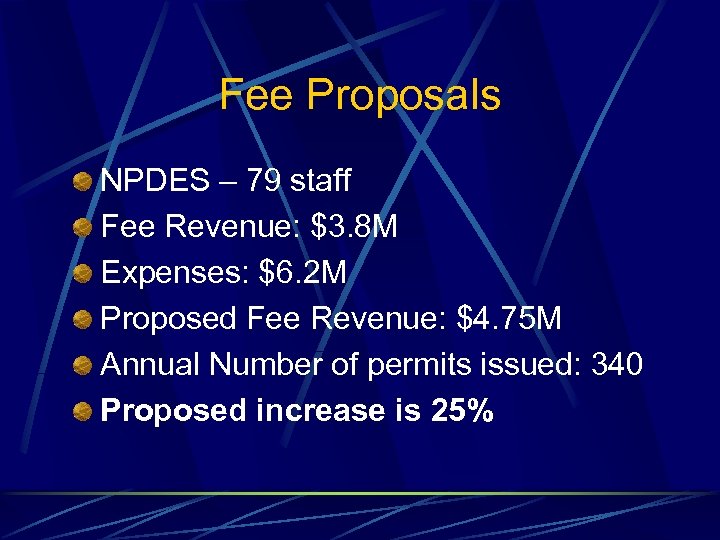 Fee Proposals NPDES – 79 staff Fee Revenue: $3. 8 M Expenses: $6. 2