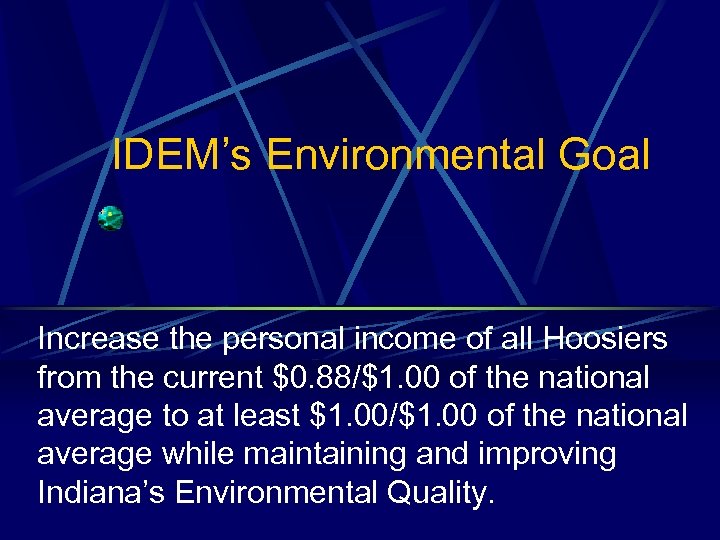 IDEM’s Environmental Goal Increase the personal income of all Hoosiers from the current $0.