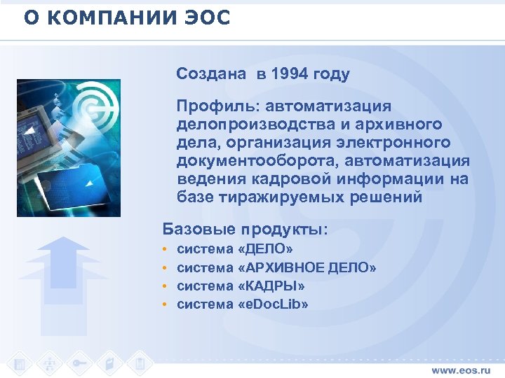 О КОМПАНИИ ЭОС Создана в 1994 году Профиль: автоматизация делопроизводства и архивного дела, организация