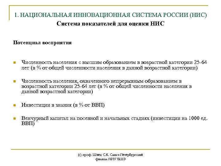 1. НАЦИОНАЛЬНАЯ ИННОВАЦИОННАЯ СИСТЕМА РОССИИ (НИС) Система показателей для оценки НИC Потенциал восприятия n