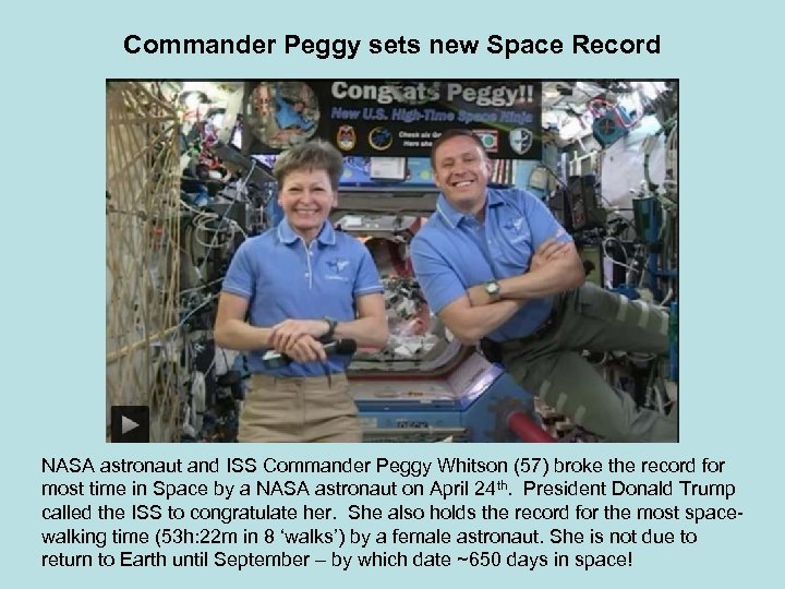 Commander Peggy sets new Space Record NASA astronaut and ISS Commander Peggy Whitson (57)