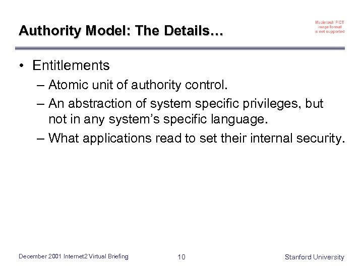 Authority Model: The Details… • Entitlements – Atomic unit of authority control. – An