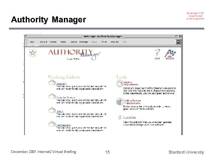 Authority Manager December 2001 Internet 2 Virtual Briefing 15 Stanford University 