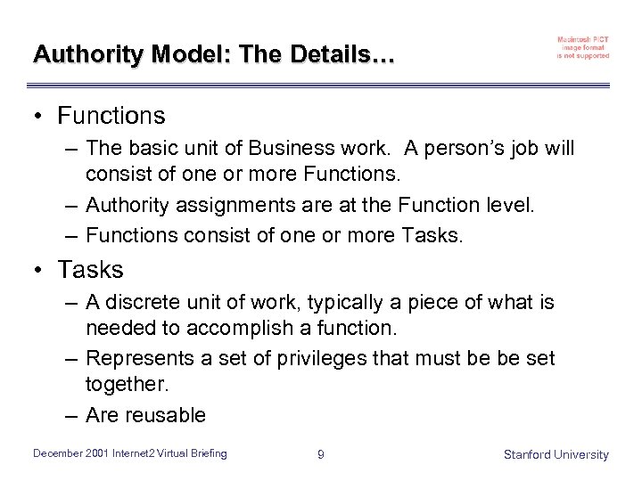 Authority Model: The Details… • Functions – The basic unit of Business work. A