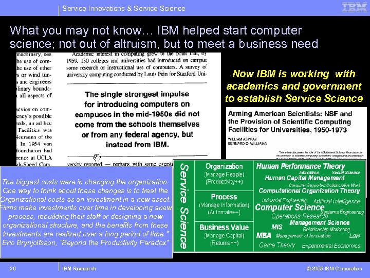 Service Innovations & Service Science What you may not know… IBM helped start computer