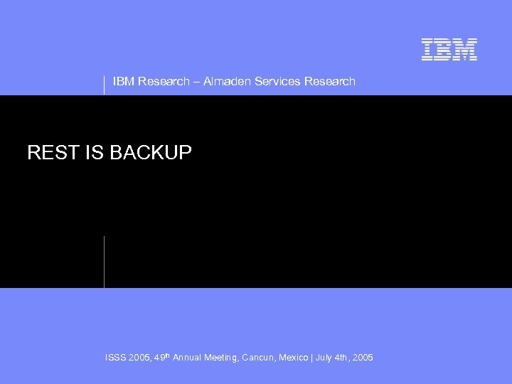 IBM Research – Almaden Services Research REST IS BACKUP ISSS 2005, 49 th Annual