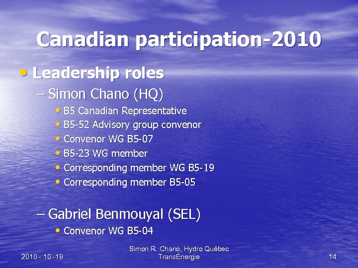 Canadian participation-2010 • Leadership roles – Simon Chano (HQ) • B 5 Canadian Representative