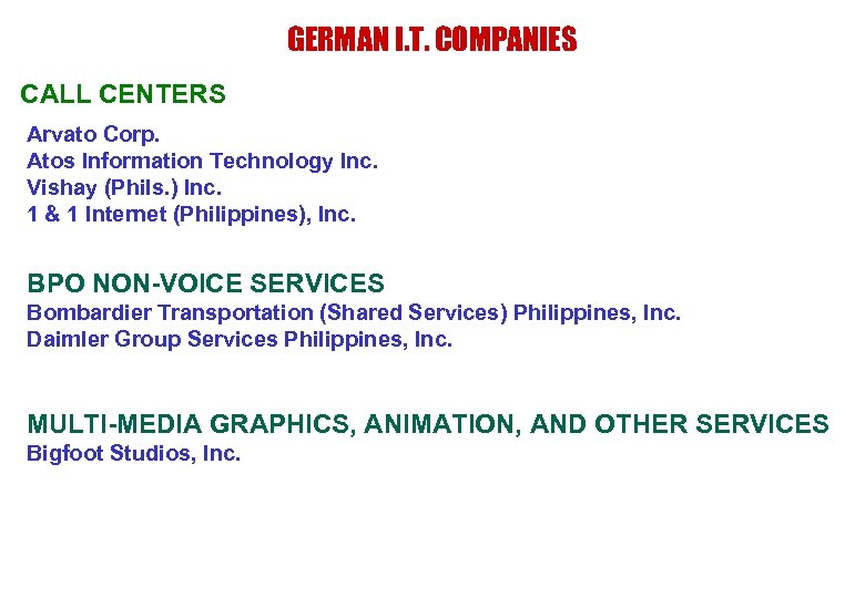 GERMAN I. T. COMPANIES CALL CENTERS Arvato Corp. Atos Information Technology Inc. Vishay (Phils.