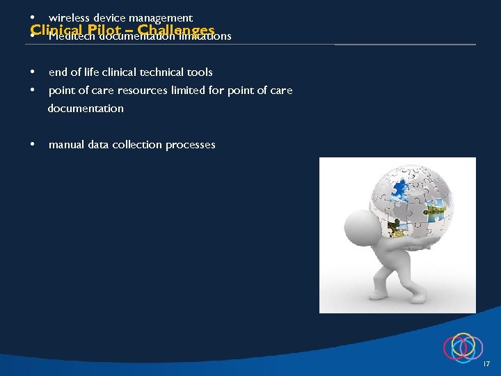  • wireless device management Clinical Pilot – Challenges • Meditech documentation limitations •