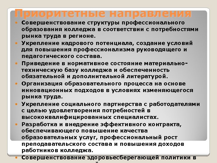 Приоритетные направления Совершенствование структуры профессионального образования колледжа в соответствии с потребностями рынка труда в