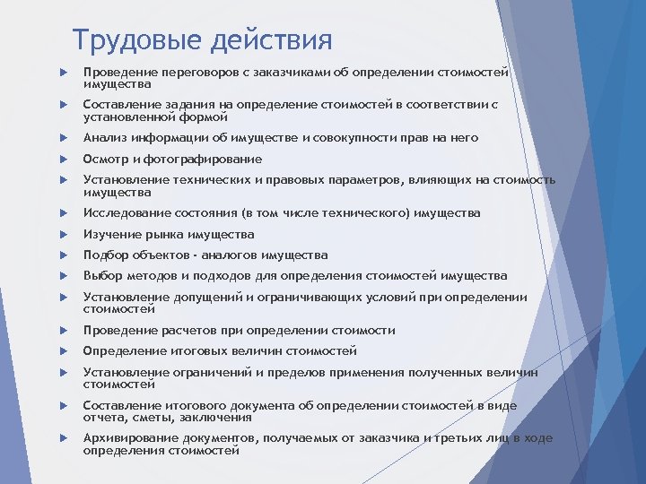 Трудовые действия Проведение переговоров с заказчиками об определении стоимостей имущества Составление задания на определение