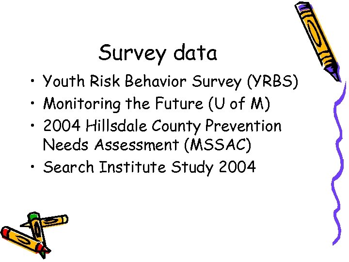 Survey data • Youth Risk Behavior Survey (YRBS) • Monitoring the Future (U of