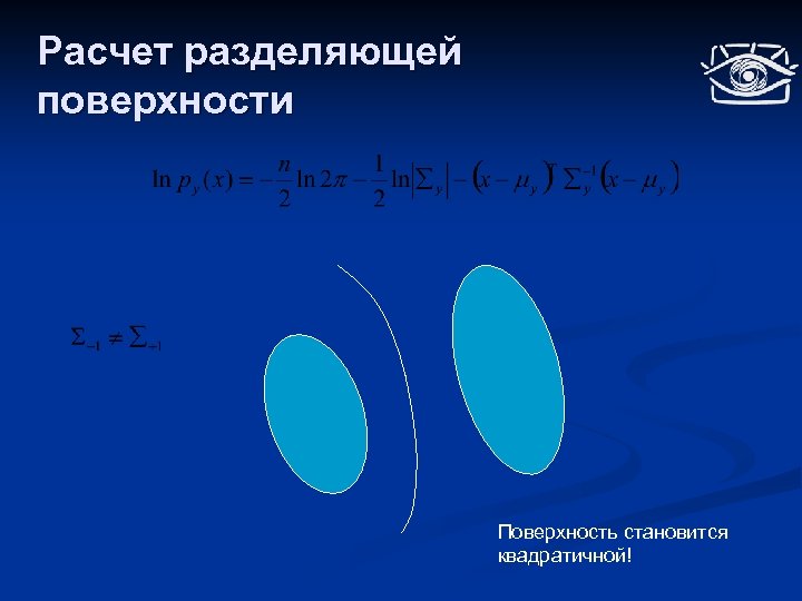 Расчет разделяющей поверхности Поверхность становится квадратичной! 
