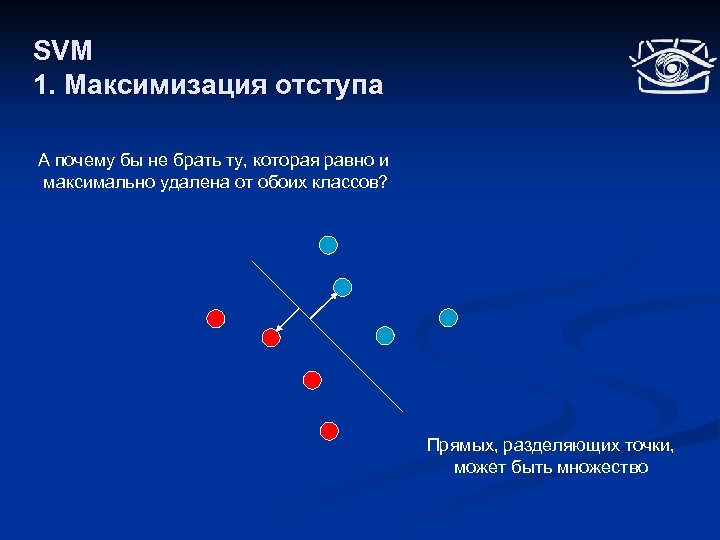 SVM 1. Максимизация отступа А почему бы не брать ту, которая равно и максимально