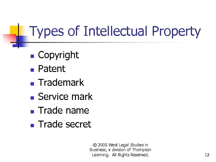 Types of Intellectual Property n n n Copyright Patent Trademark Service mark Trade name