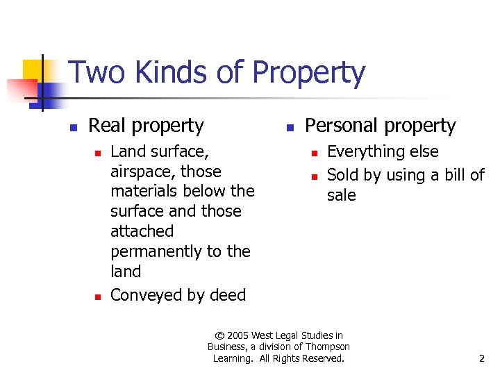 Two Kinds of Property n Real property n n n Land surface, airspace, those