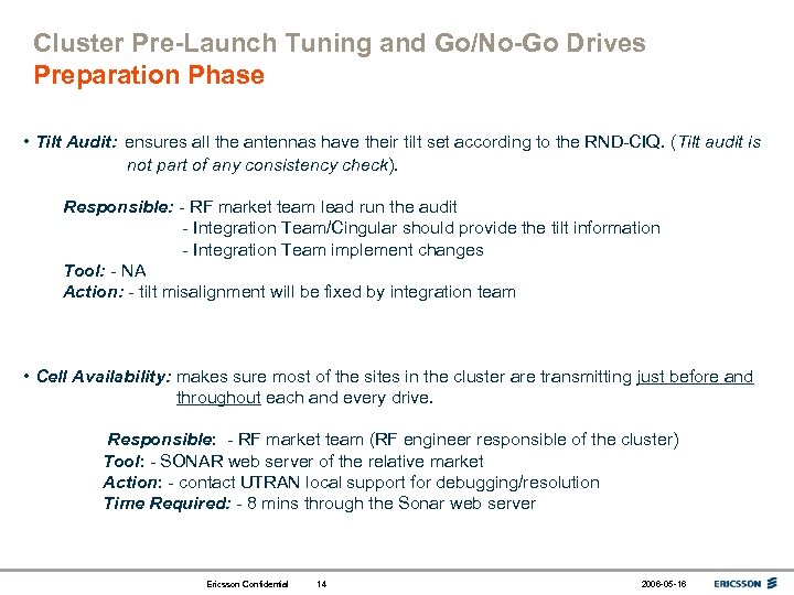 Cluster Pre-Launch Tuning and Go/No-Go Drives Preparation Phase • Tilt Audit: ensures all the