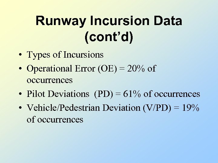 Runway Incursion Data (cont’d) • Types of Incursions • Operational Error (OE) = 20%