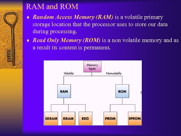 RAM and ROM ¨ Random Access Memory (RAM) is a volatile primary storage location