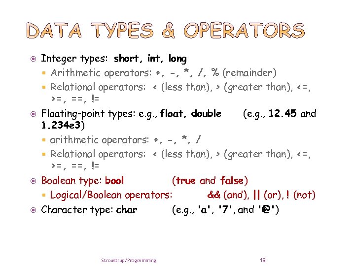  Integer types: short, int, long Arithmetic operators: +, -, *, /, % (remainder)