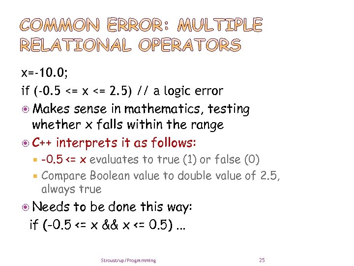 x=-10. 0; if (-0. 5 <= x <= 2. 5) // a logic error