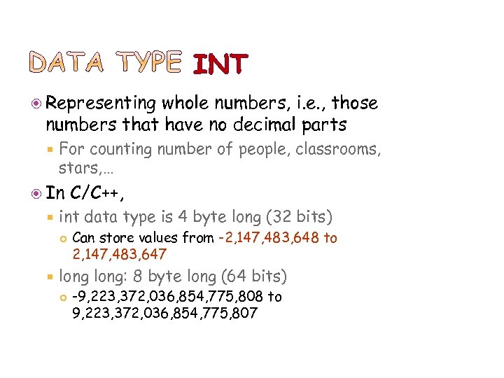 INT Representing whole numbers, i. e. , those numbers that have no decimal parts