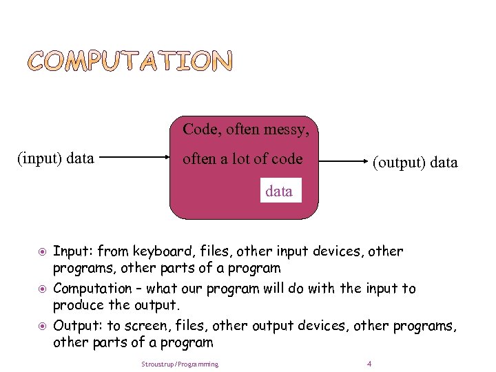 Code, often messy, (input) data often a lot of code (output) data Input: from